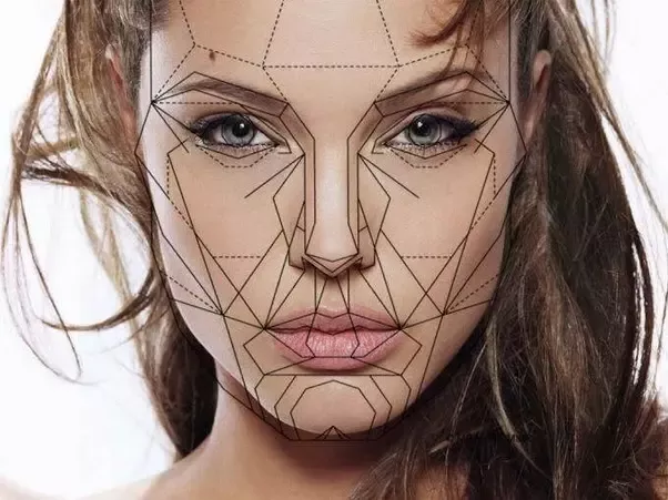 Woman's face with geometric analysis lines showing facial measurement and beauty standards assessment